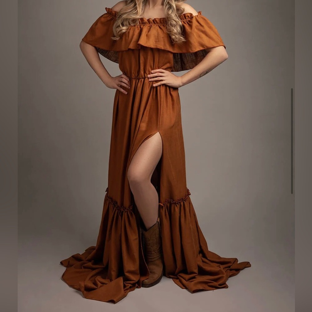 Rust boho maxi off the shoulder dress